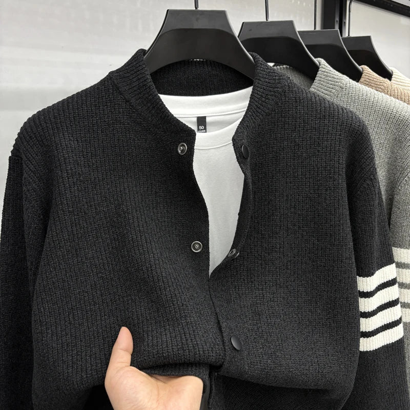 Men's Autumn Fashion Travel Outdoor Button Cardigan Baseball Collar Knitted Sweater Solid Color Versatile Casual Sweater Instock