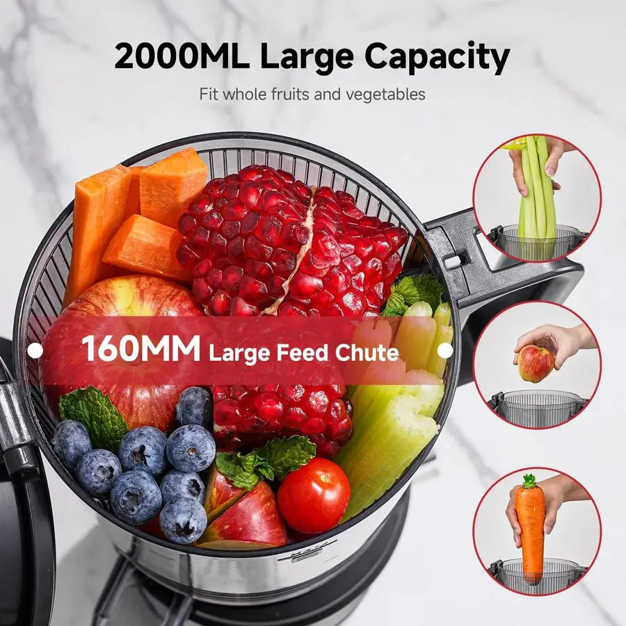 Cold Press Juicer, Juicer Machines 6.3 Large Feed Chute for Whole Fruits amp Vegetables, Stainless Steel Slow Masticating Juicer