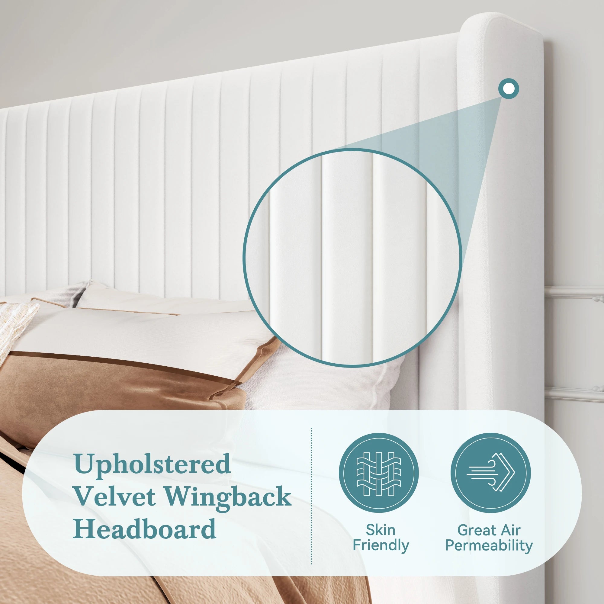 HOOMIC Velvet Upholstered Bed Frame, Vertical Channel Tufted Wingback Headboard, Wooden Slats Support Allewie