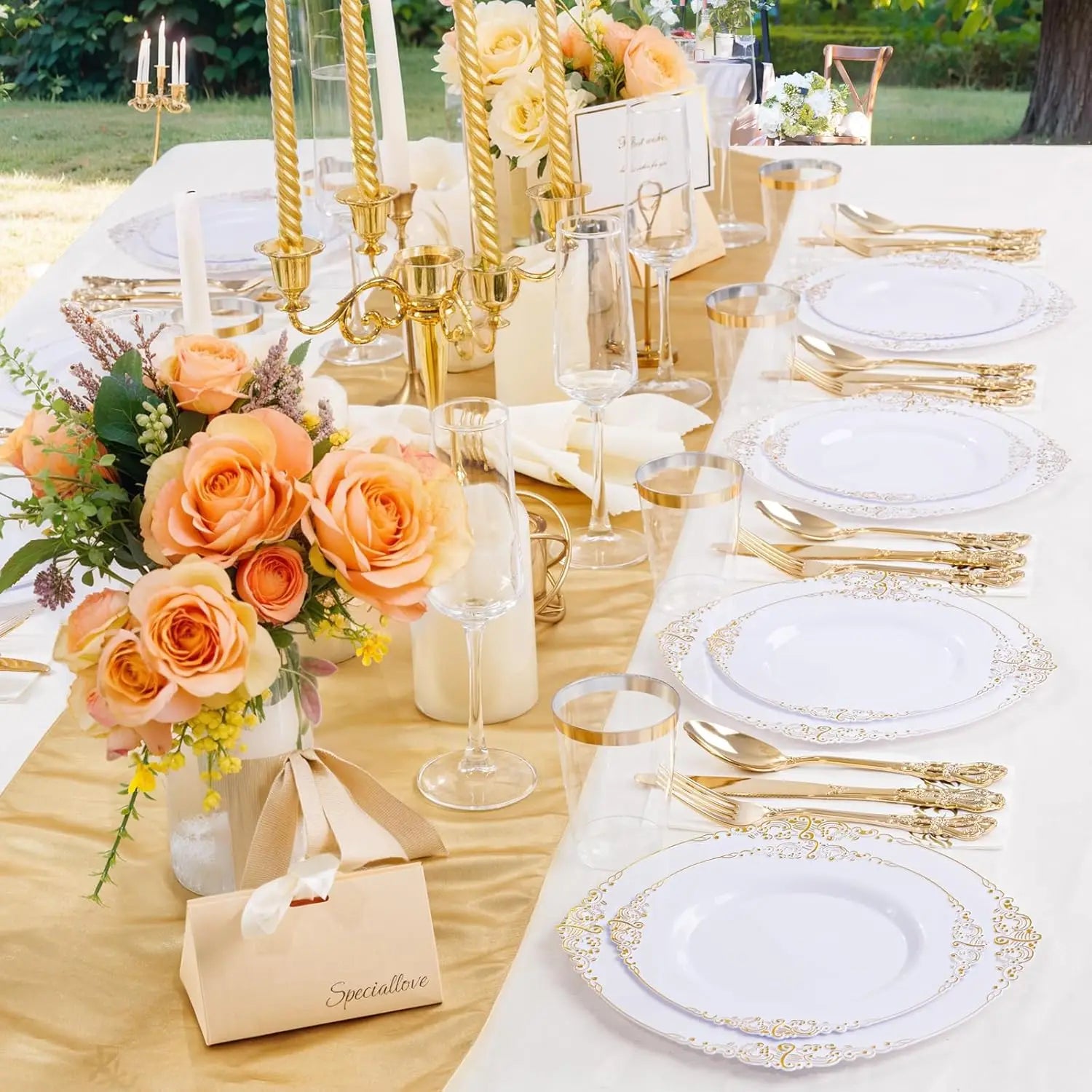 700PCS Gold Plastic Dinnerware Set - White and Gold Disposable Plates for 100 Guest - 200 Disposable Plates, 300 Heavy Duty