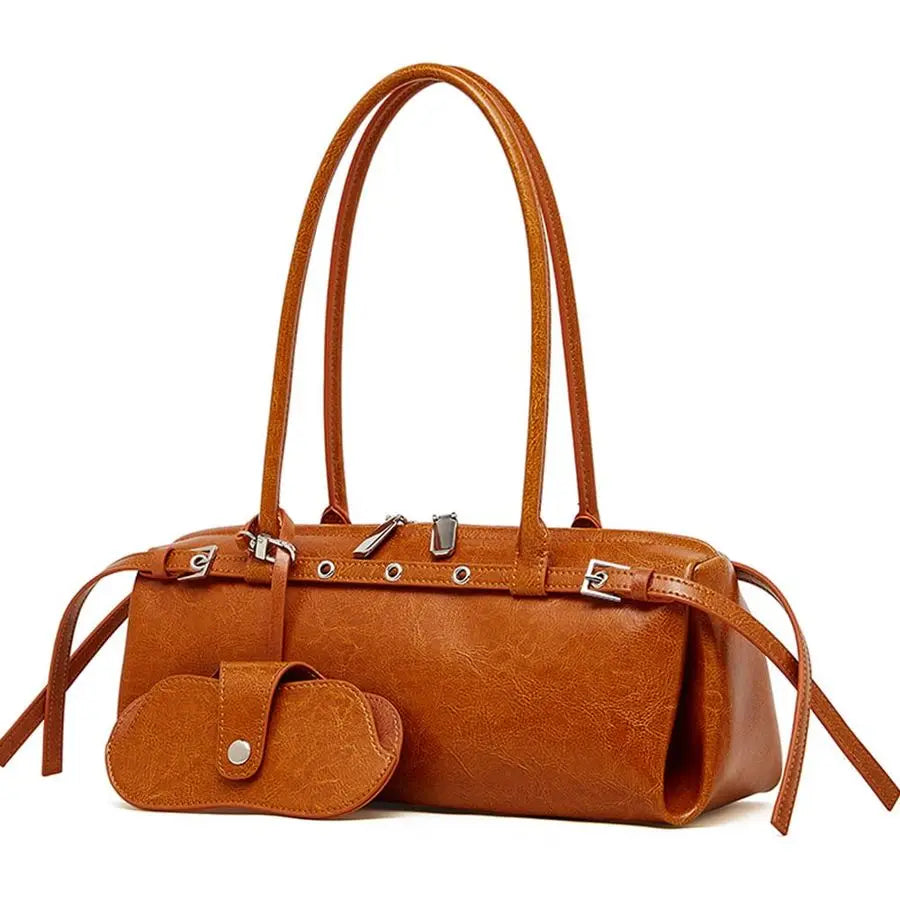 Leather Shoulder Bag for Women, Vintage Cowhide Bowler Bag Top Handle Bag with Eyeglass Case