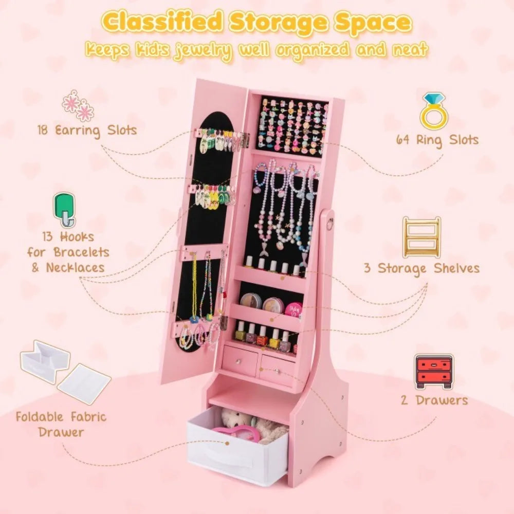 Freestanding Kids Jewelry Organize Armoire Cabinet w/Storage and 2 Tilt Angles