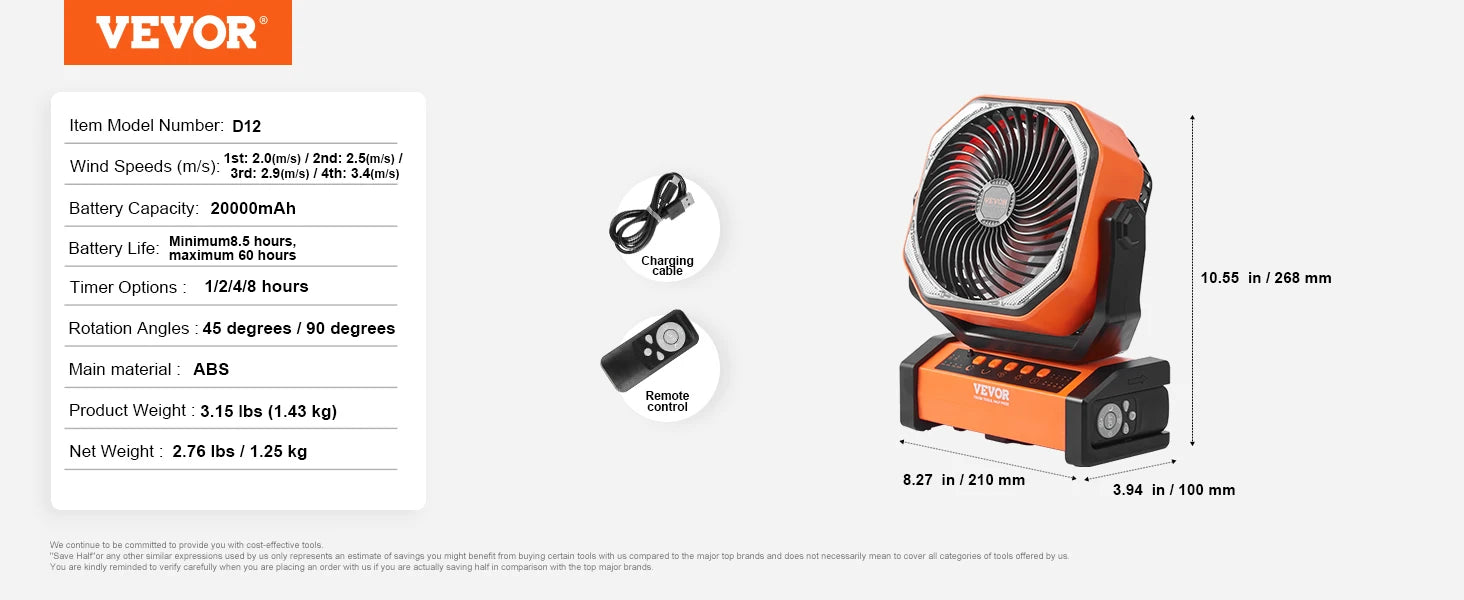 VEVOR Portable Fan Rechargeable  Battery Powered Fan with Battery Operated Fans for Travel Bedroom Home Camping Office