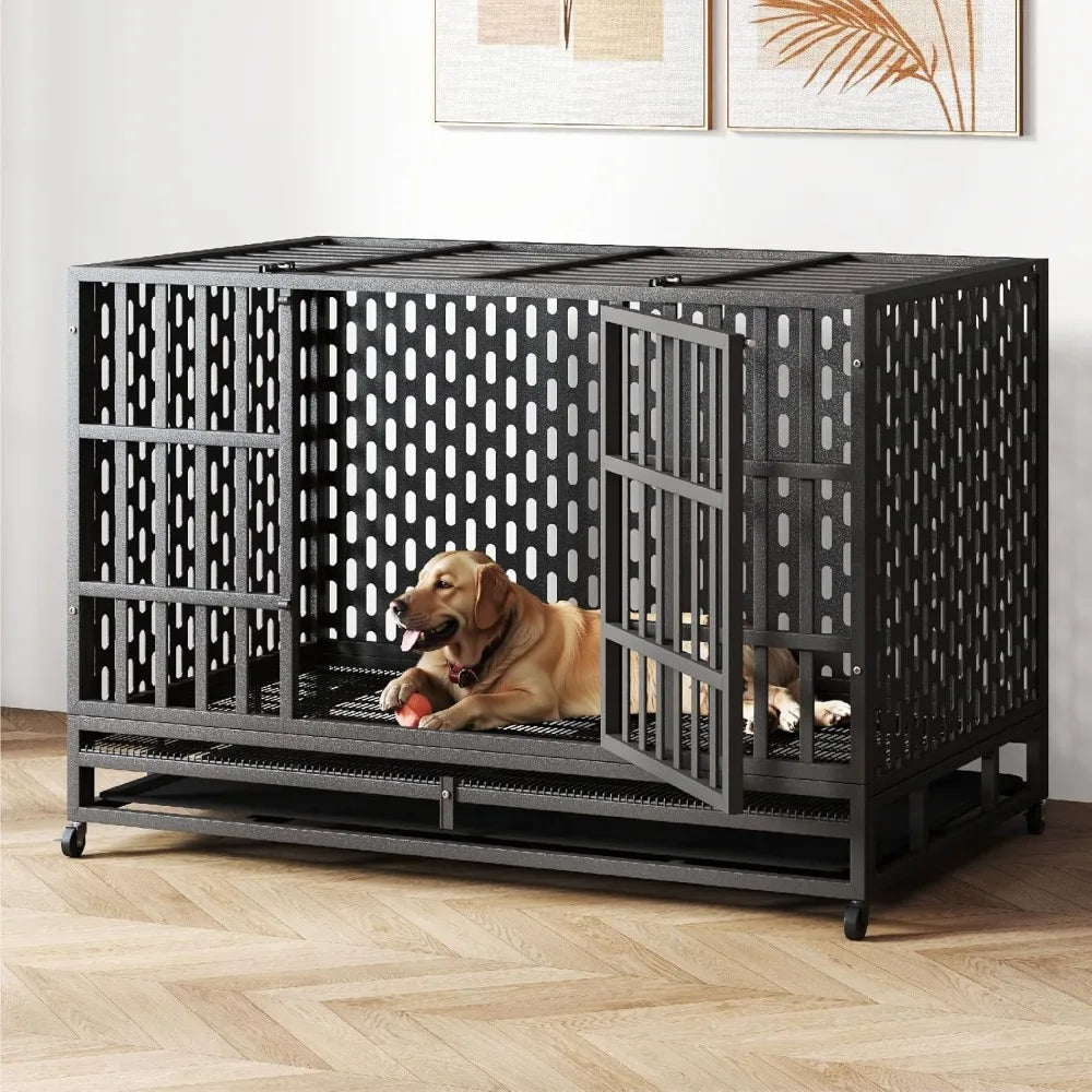 48 Inch Heavy Duty Indestructible Dog Crate Steel Escape Proof, Indoor Double Door High Anxiety Cage, Kennel with Wheels,Customi