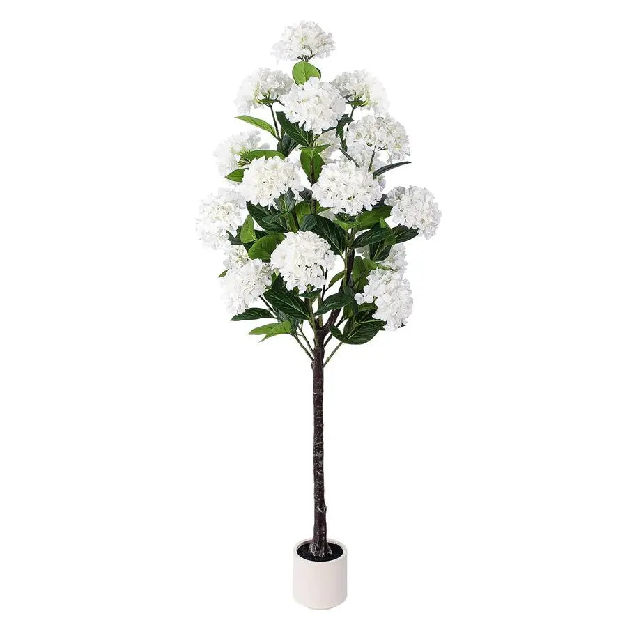 FT Artificial Hydrangea Tree Large Faux Hydrangea Plants Indoor OutdoorFake Flower Trees with White Tall Planter for Home Garden