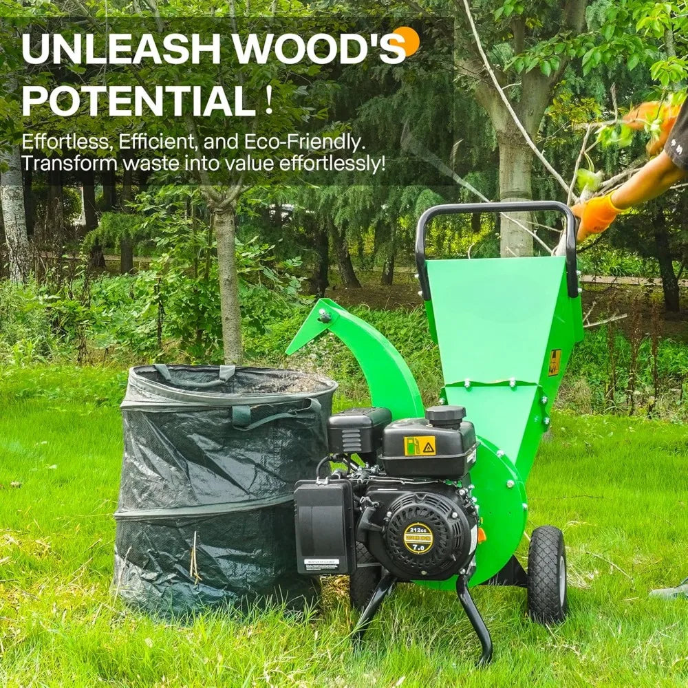 Wood Chipper Shredder, 7HP 212cc Gas Powered Heavy Duty, 3" Max Wood Diameter Capacity, 15: 1 Reduction Ratio