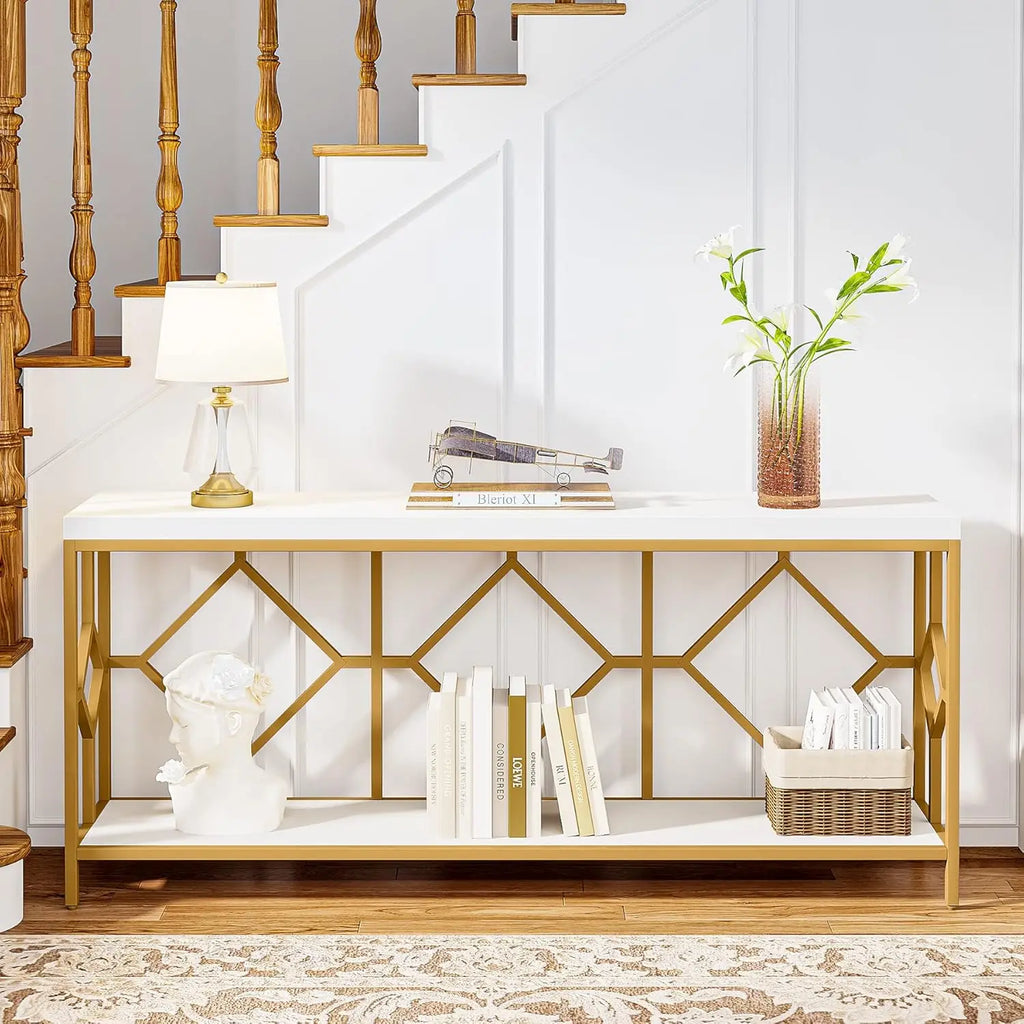 71 Inch Extra Long Sofa Table, Narrow Long Sofa Console Tables Behind Couch Table with Open Storage Shelf