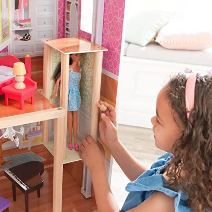 Wooden Dollhouse with 34-Piece Accessories, Working Elevator and Garage, Gift for Ages 3+