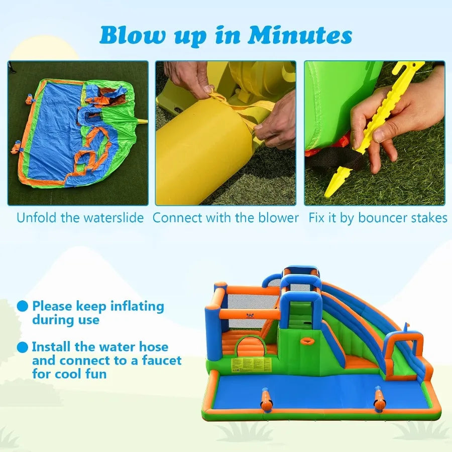 OLAKIDS Inflatable Water Slide 7 in 1 Bounce House Water Park with Slide Splash Pool Climbing Wall 2 Water Guns Basketball Rim
