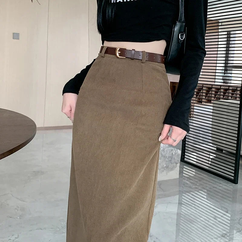 2025 New Autumn Winter Vintage Women's Corduroy A-Line Skirts with Belted Solid Korean Office Straight Wrap Midi Skirts Female