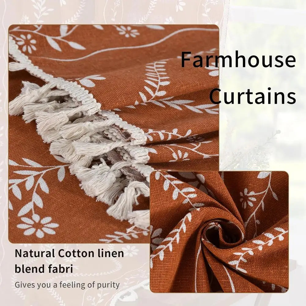 Vintage Farmhouse Style Linen Semi-Sheer Curtains, 84 Burnt Orange Floral Print for Living Room