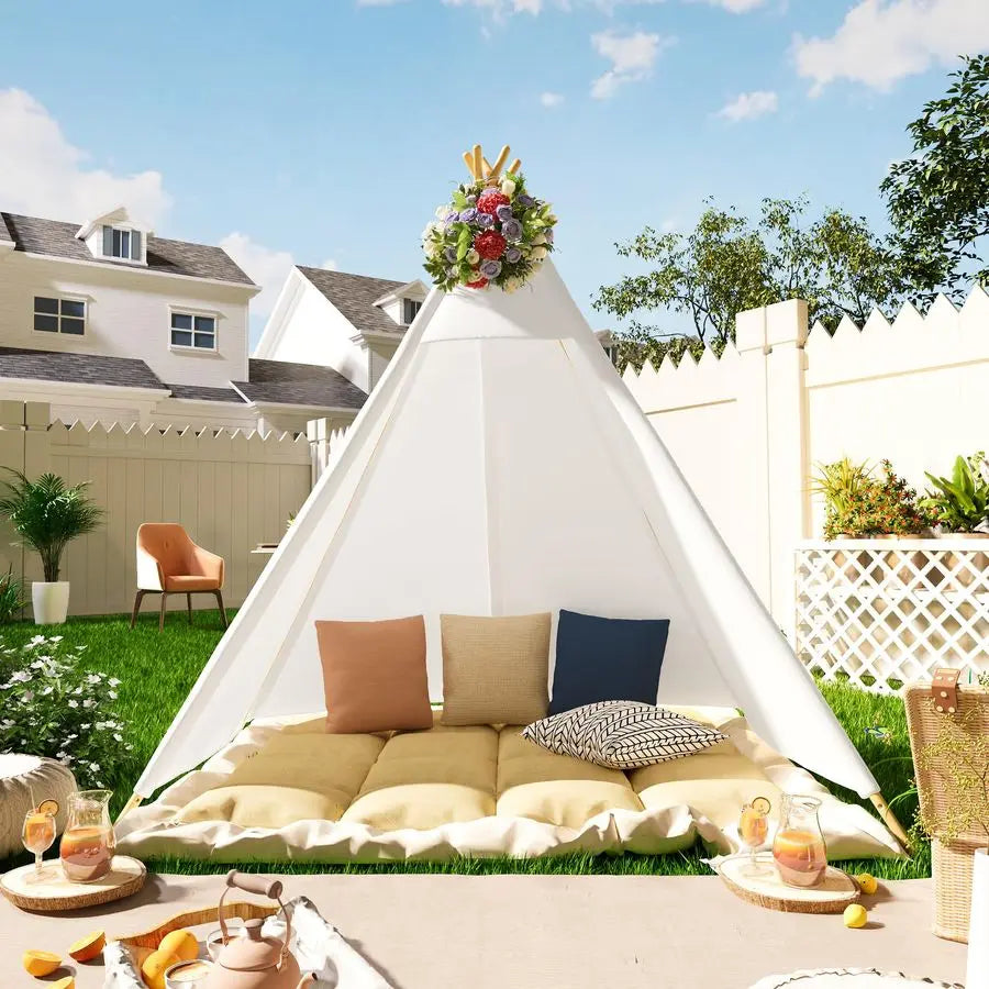 Large 7-Foot Large Adult Indian Tent with Storage Bag Five-Sided Canvas Children's Tent Suitable for Indoor And Outdoor White