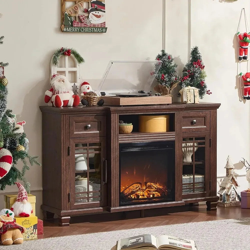 52" Fireplace TV Stand with 18”Silent Electric Fireplace, Farmhouse Entertainment Center for TVs up to 65", 2 Drawers，Customized