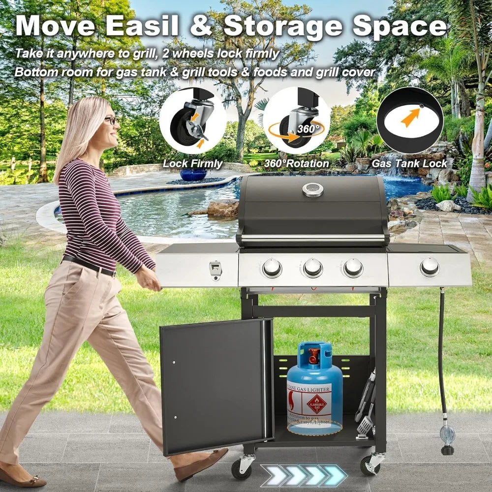 Stainless Steel 36,000 BTU Propane Grill with 3 Burners, Cast Iron Grates, and Side Shelf BBQ Barbecue