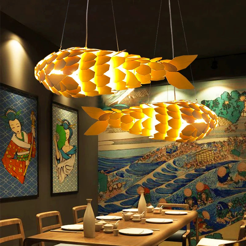 Vrygle Fish-shape Wood Ceiling Pendant Lamp Hand-woven Corridor Club Restaurant Decorative Chandeliers Lights