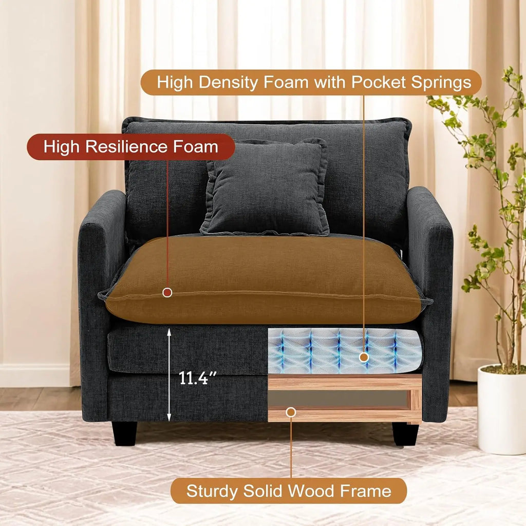 Oversized Accent Chair with Ottoman, Black Chenille Sofa Couch, Upholstered Chaise Lounge with Pillows for Living Room or Bedroo