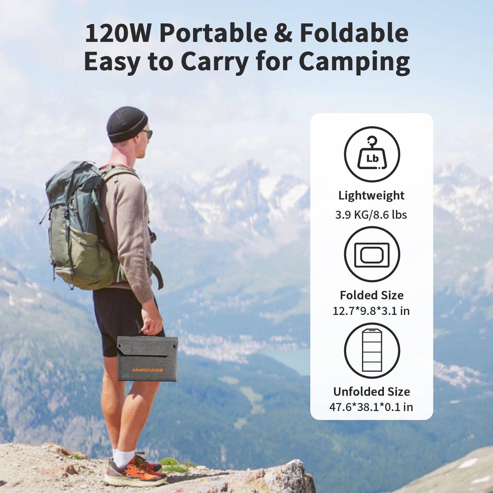 MHPOWOS 120W Foldable Solar Panel, Outdoor Emergency Backup Power Supply with USB-C/2xUSB-A/DC Outputs for Iphone Powerbank RV