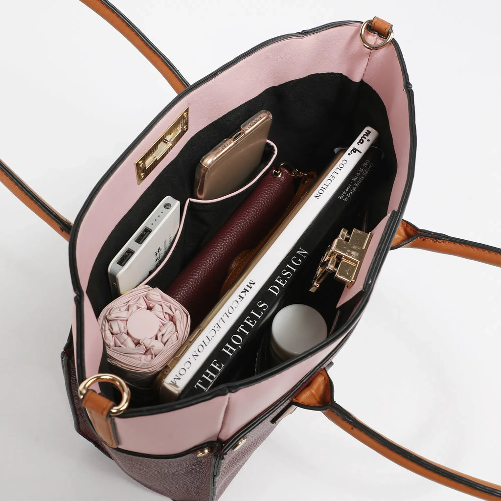 Large Capacity Color-Block Vegan Leather Women's Tote Bag with Wallet– 2 pieces