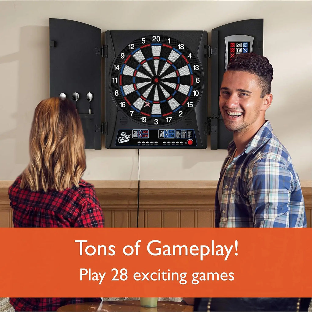Mercury Electronic Soft Tip Dartboard with Cabinet, 13.5 in Target, 28 Games, 6 Darts Included, Black