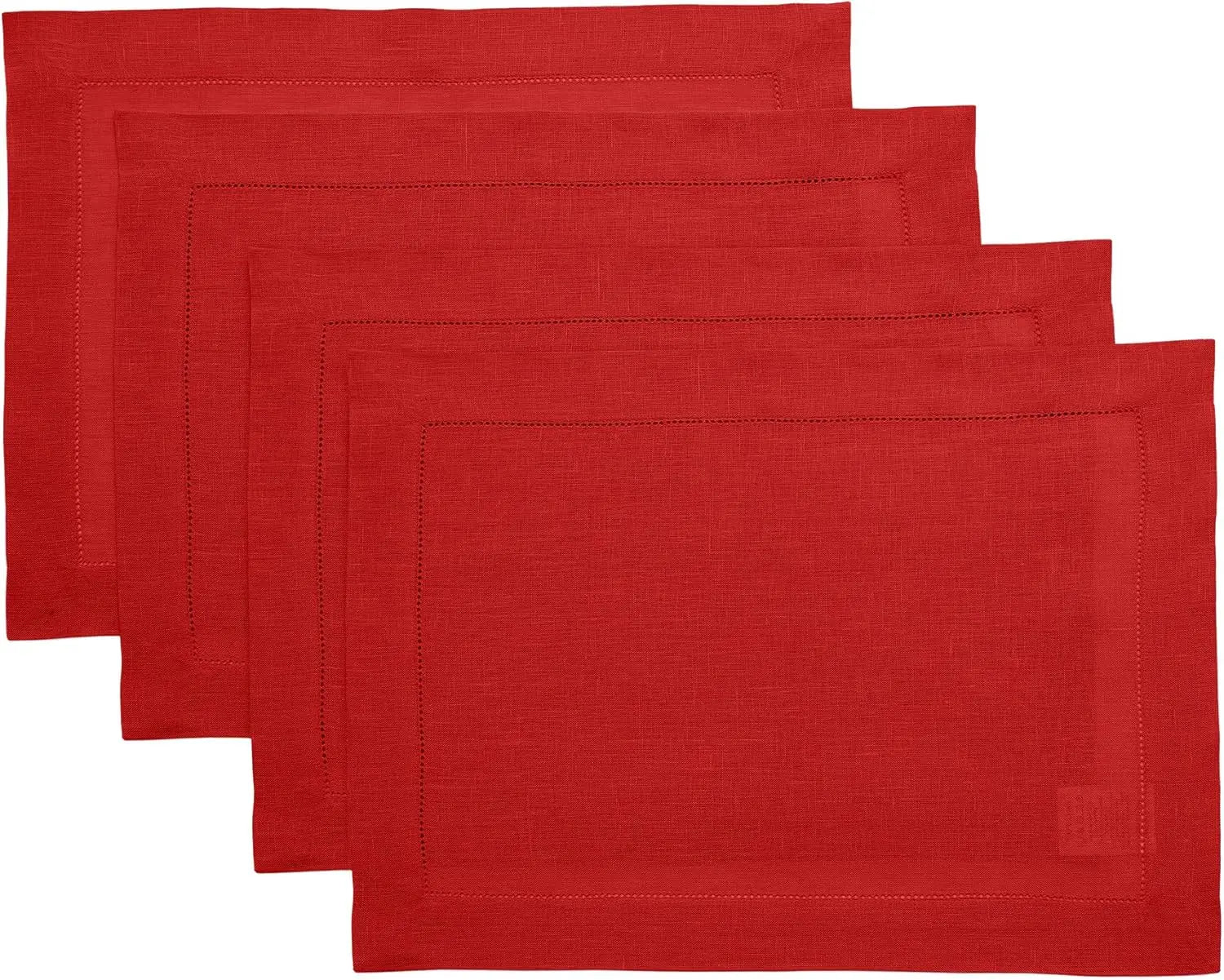 Set of 4 Red Linen Placemats with Classic Hemstitch, 14x19 Inch, 100% Pure Linen for Holiday Table Decor