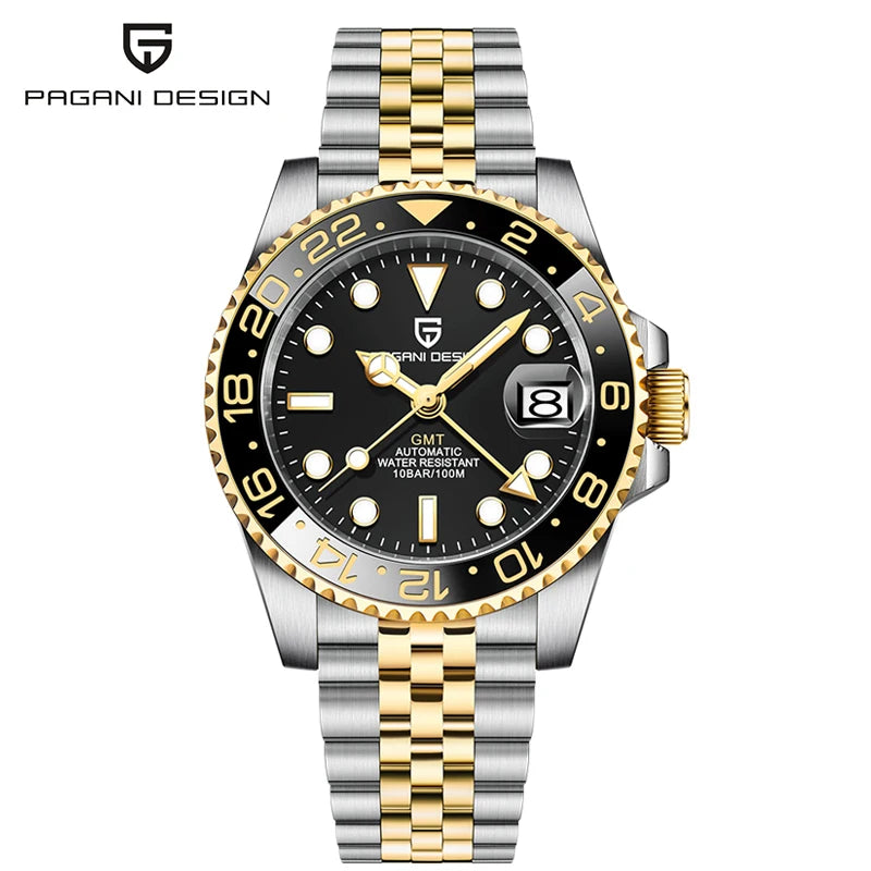 New PAGANI DESIGN GMT Automatic Wristwatch Stainless Steel 100M Waterproof Watch Top Brand 40mm Mechanical luminous Watch Men