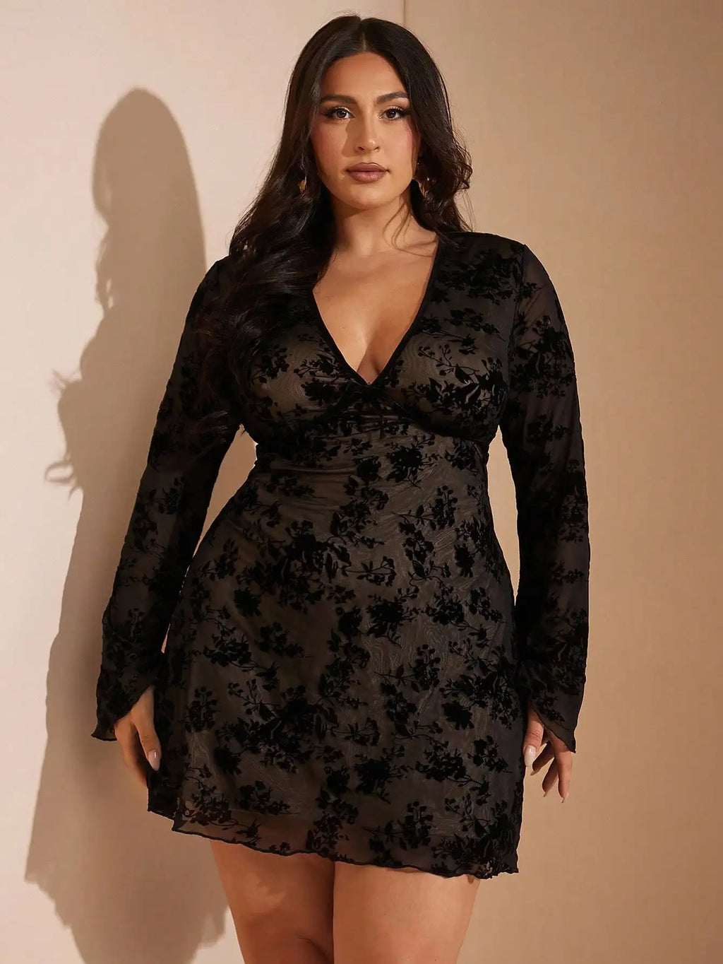 Plus Size V-Neck Green Embroidered A-Line Dress, Spring/Autumn/ Plus Size Black Dress/ Long Sleeve Plus Size Dress