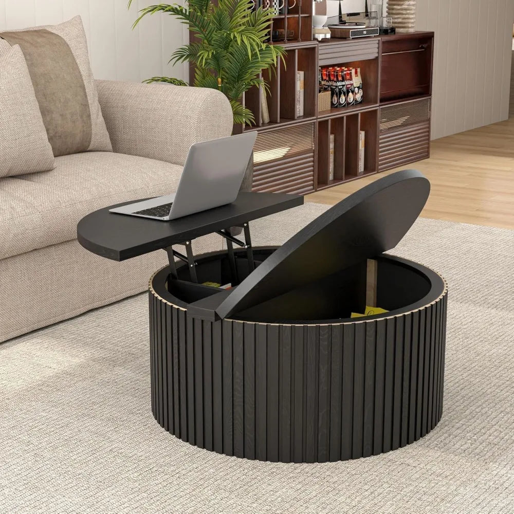 Contemporary 31.6 Inch Lift Top Coffee Table with Concealed Storage, Circular Wooden Fluted Center Table for Living Spaces