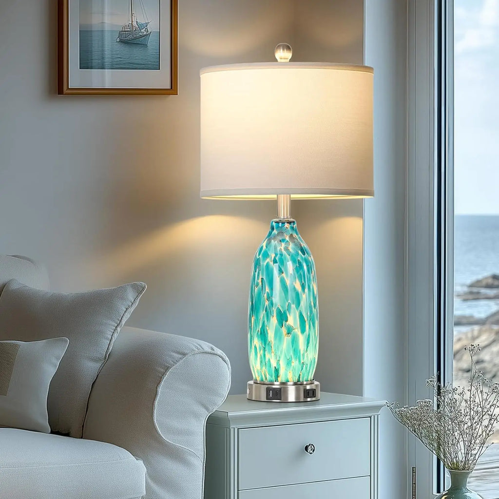 26" Peacock Green Glass Table Lamps Set of 2 with USB Ports, AC Outlet & Night Light for Bedroom Living Room