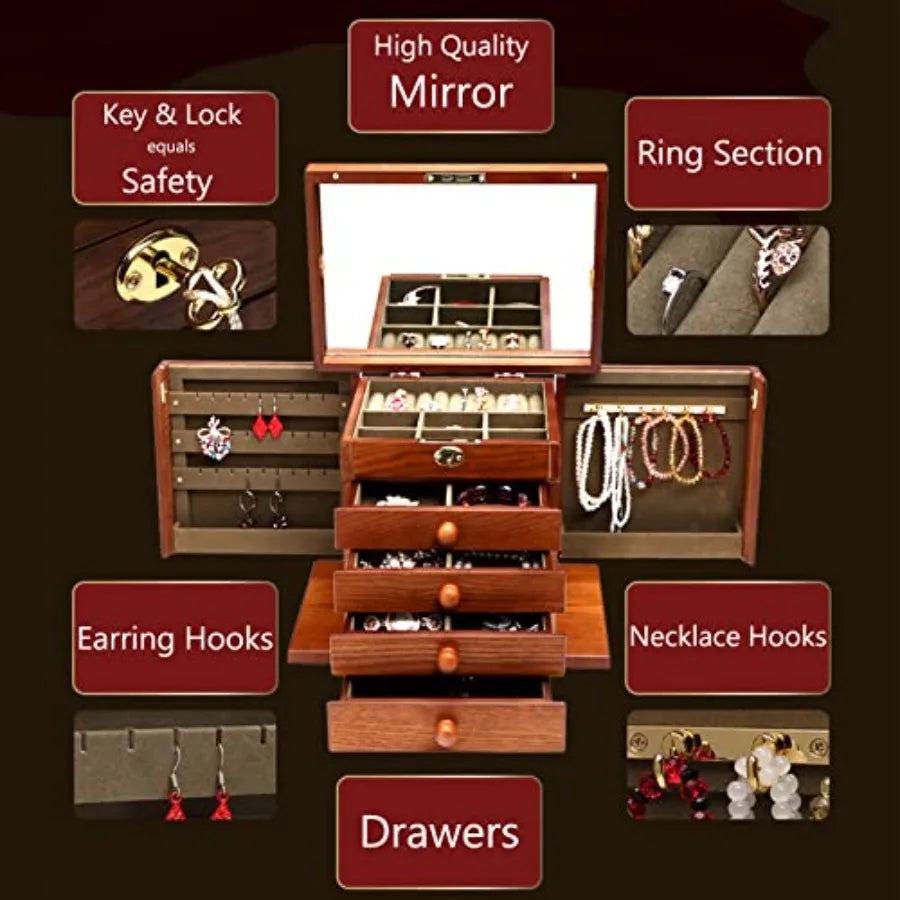 Wooden Jewelry Box for Women Organizer Box of Solild Wood with Lock and Key for Jewelries Watches Necklace Ring Lockable Storag
