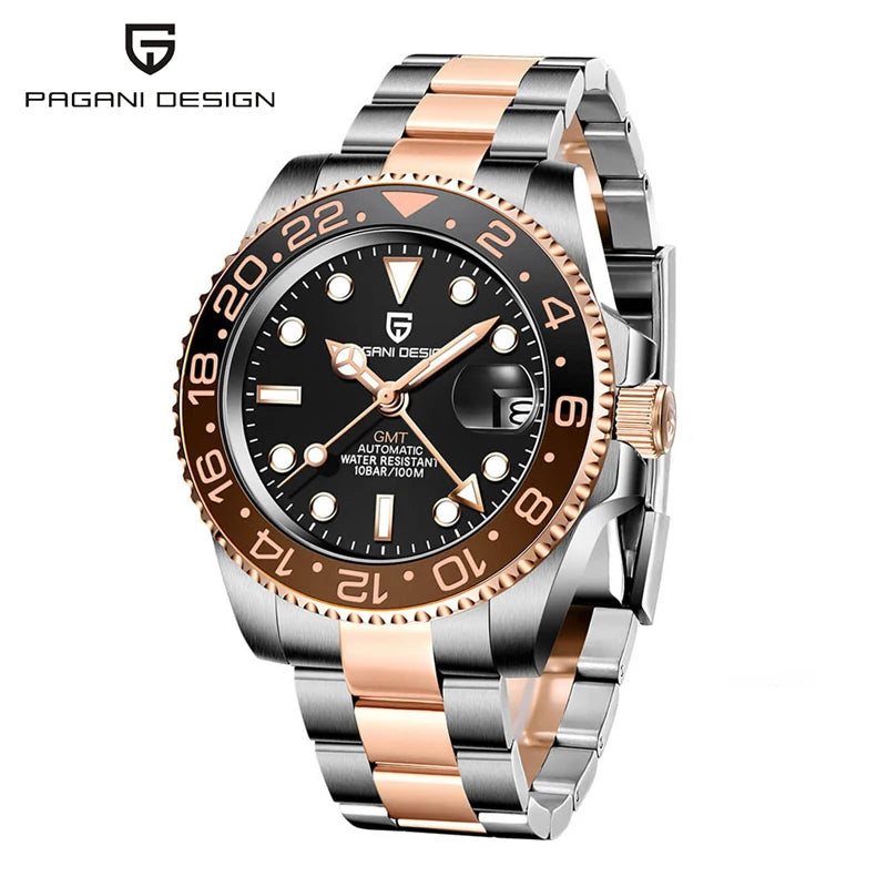New PAGANI DESIGN GMT Automatic Wristwatch Stainless Steel 100M Waterproof Watch Top Brand 40mm Mechanical luminous Watch Men