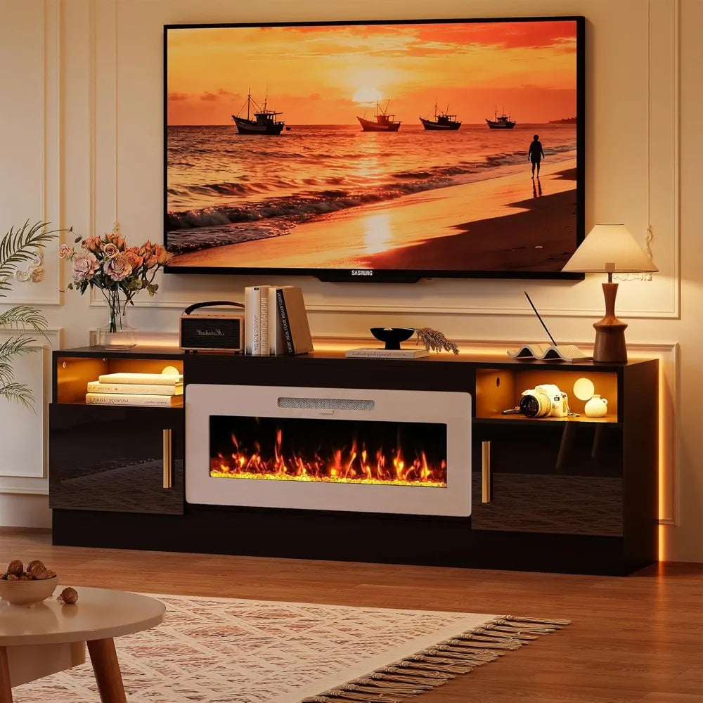 Fireplace TV Stand with 36’’ Electric Fireplace, 70'' TV Media Entertainment Center with Fireplace Up to 80 inch,Modern LED