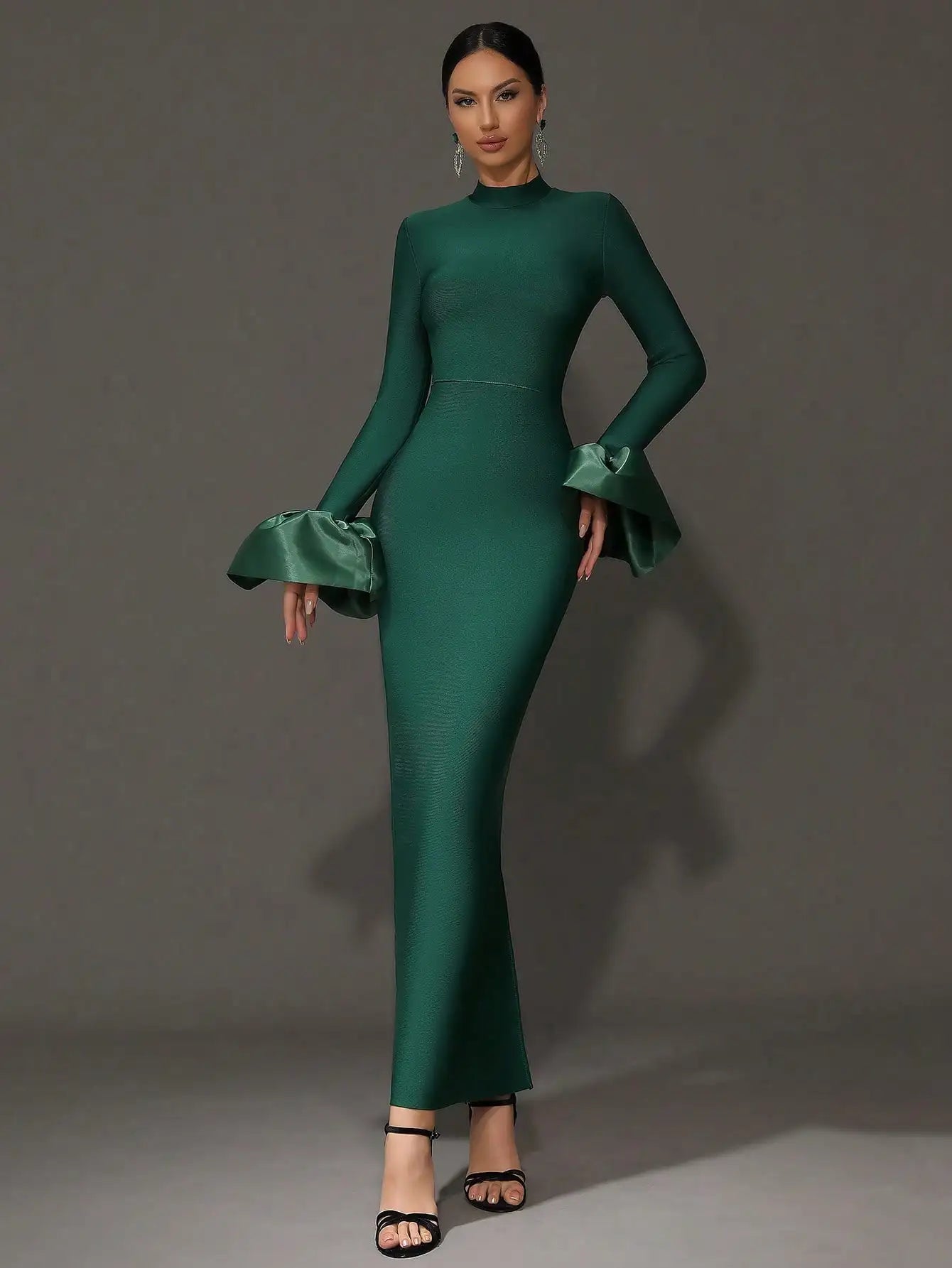 Emerald Green Long Sleeve High Neck Evening Dress with Flared Cuff and Mermaid Silhouette