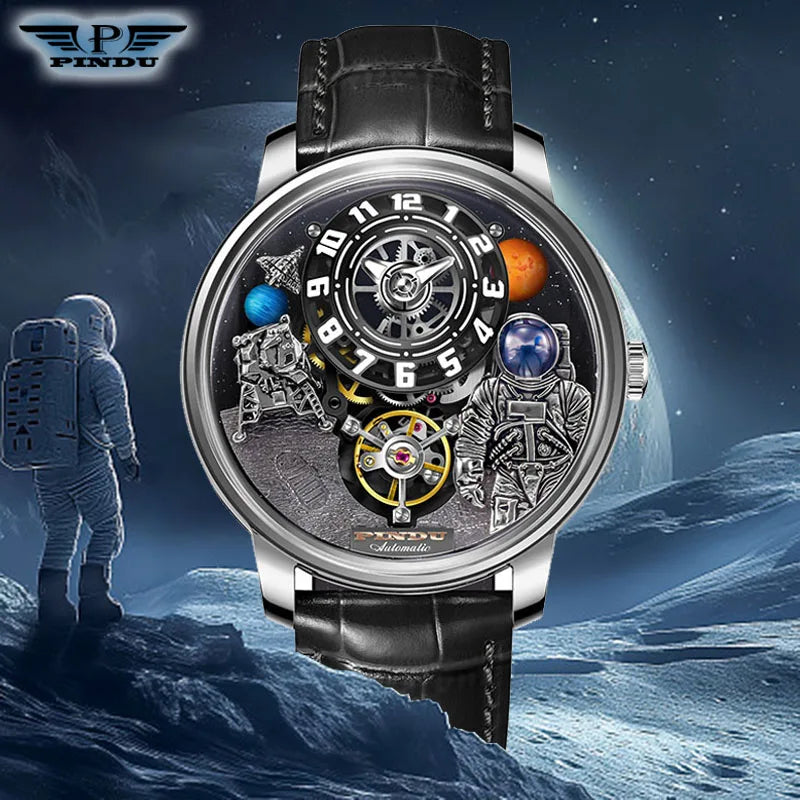 PINDU Watch Men Mechanical Watches W2101B Space Dial Astronaut Space Station Luminous Waterproof Men Watch Leather Strap P6630