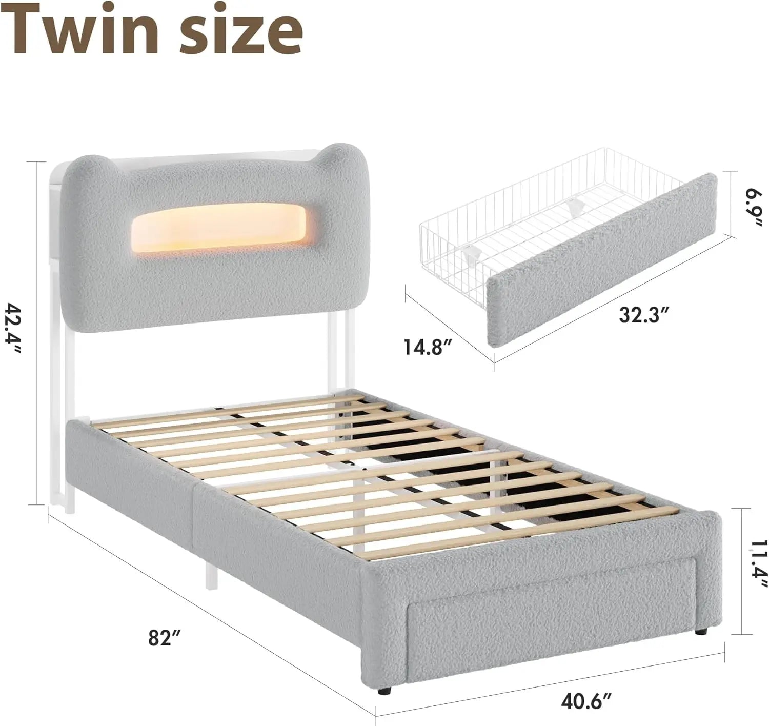 Upholstered Full Bed Frame with 2-Tier Storage Headboard, LED Platform Bed with Charging Station and Drawer for Kids/Girls/Boys,