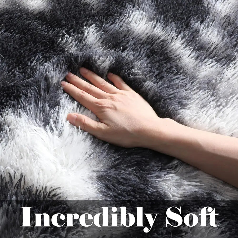 Large 8x10 Black & White Shaggy Rug for Living Room, Kids' Rooms, and Bedrooms - Washable, Plush, Thick Floor Carpet for Home De