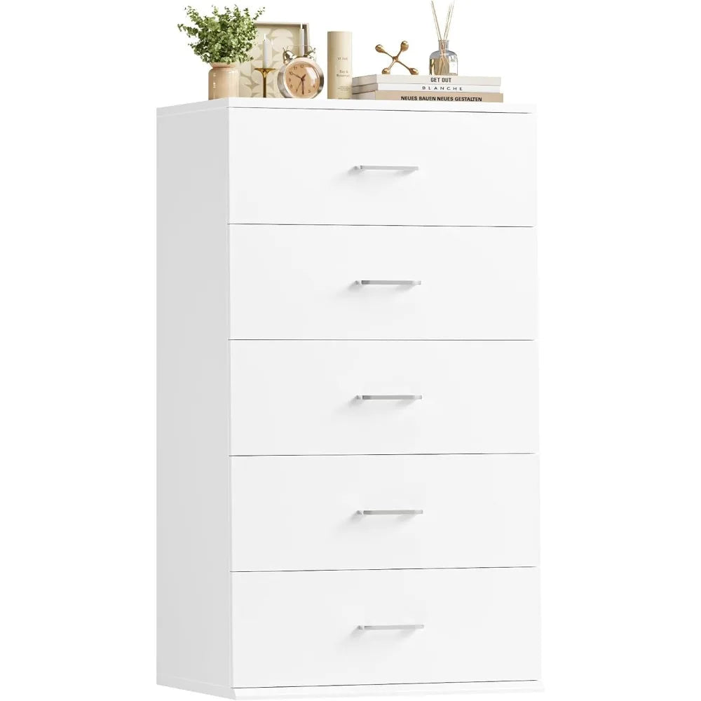 Modern Tall White Dresser with 5 Drawers, Metal Handles, Suitable for Living Room