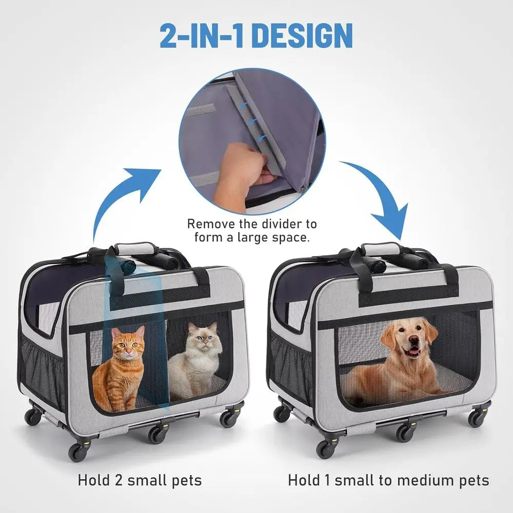 Large Rolling Pet Carrier for Small Dogs & Cats, Holds Up to 40 lbs, Grey