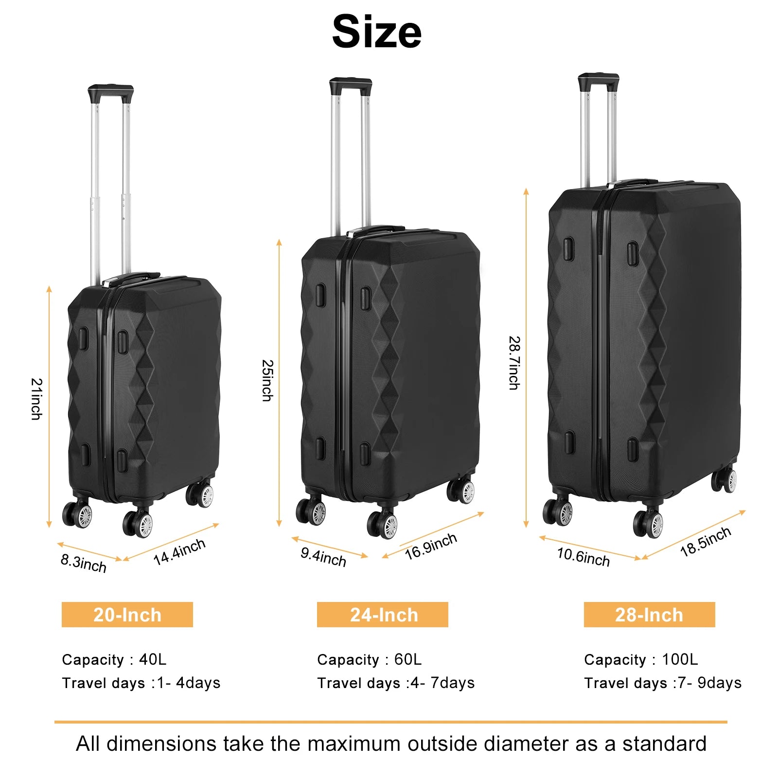 360° Spinner Wheel Luggage Suitcase with TSA Lock - Waterproof PC Hardshell Expandable Carry-On Check-In Bag for Travel, Black