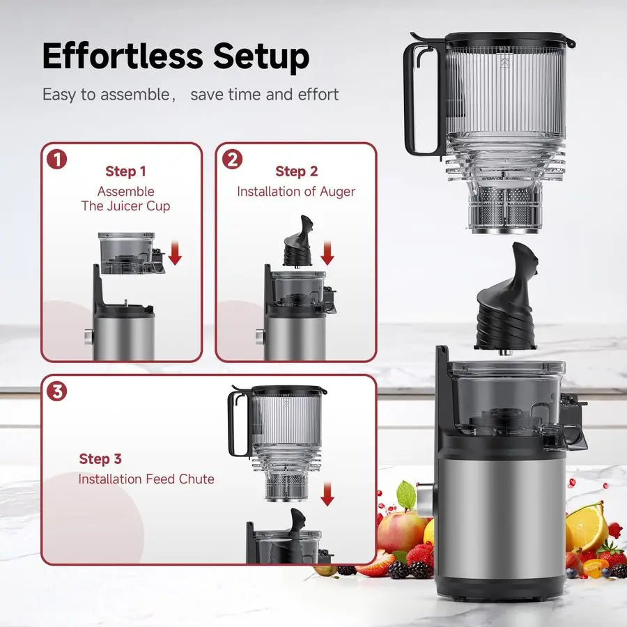 Cold Press Juicer, Juicer Machines 6.3 Large Feed Chute for Whole Fruits amp Vegetables, Stainless Steel Slow Masticating Juicer