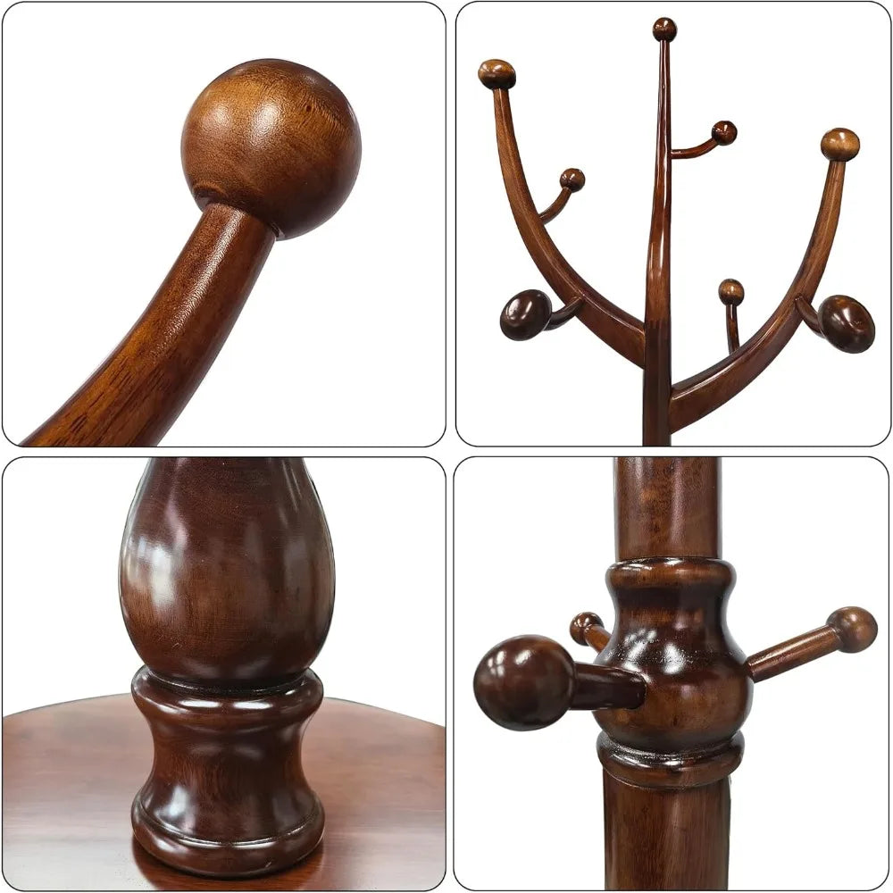 Wooden Freestanding Coat Rack with 11 Hooks, Sturdy Rubber Wood Hanger, Vintage Style