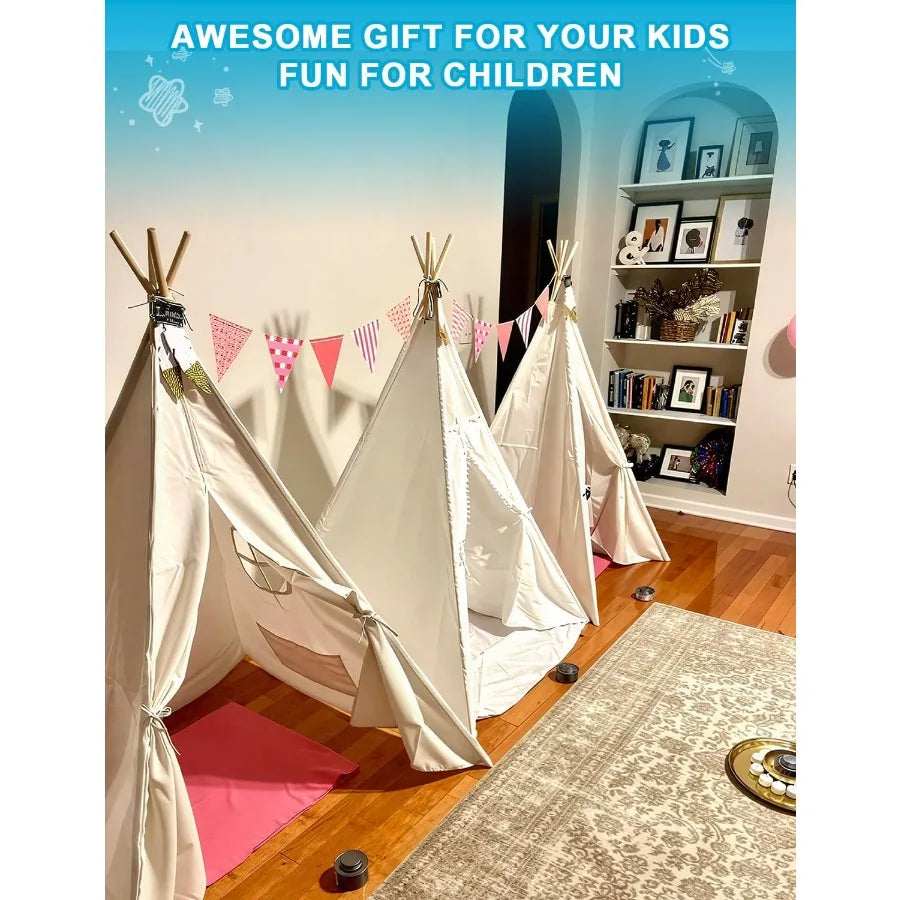 Wilwolfer 4 Pack Teepee Tent for Slumber Party with Lights Indoor Sleepover Play Tents for Girls Foldable Toddler Playhouse Whi