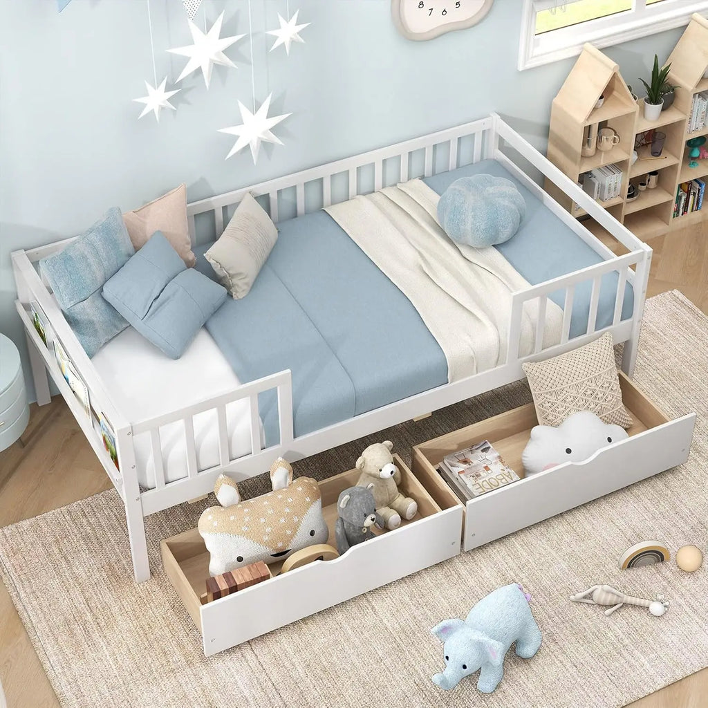 Twin Kids Bed with Storage Drawers, Wood Montessori Bed with Rails & Side Shelf, Low Daybed for Boys Girls, No Box Spring Needed