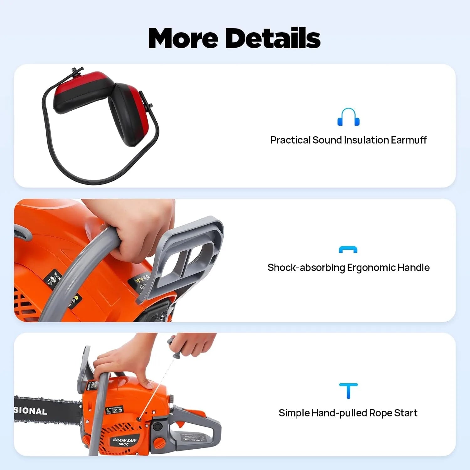 60cc Gas  Powered Chainsaws, 22 Inch Bar Power Chain Saws, 2-Stroke Handed Petrol Gasoline Chain Saw for Cutting Wood Garden