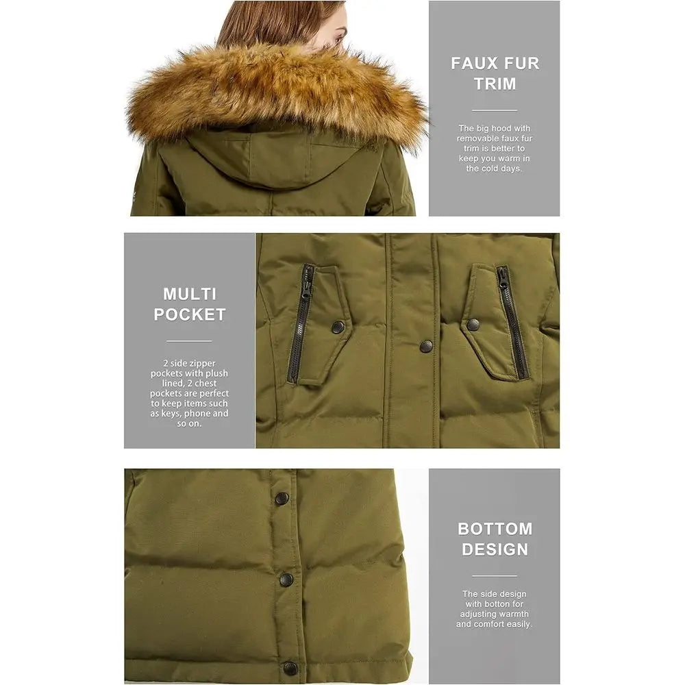 Women's Down Jacket Winter Long Coat Windproof Puffer Jacket with Fur Hood