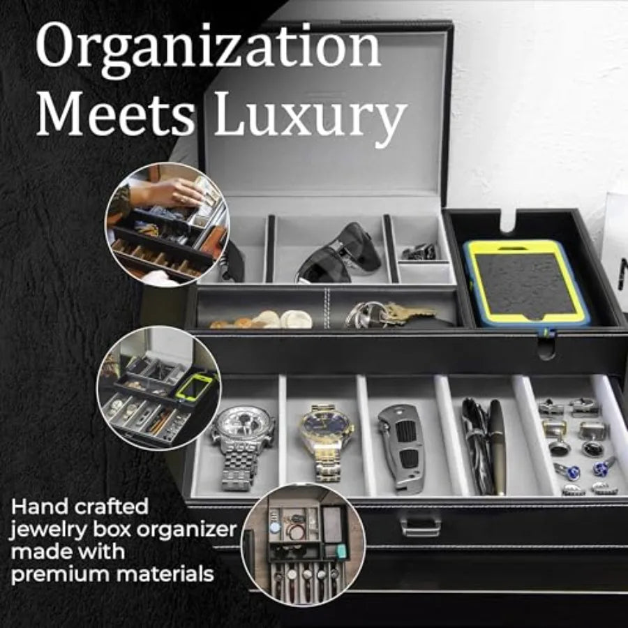 Mens Watch Box Leather Valet Tray - Bedside Table Organizer Men's Jewelry Box Watch Case for Men with Large Smartphone Charging