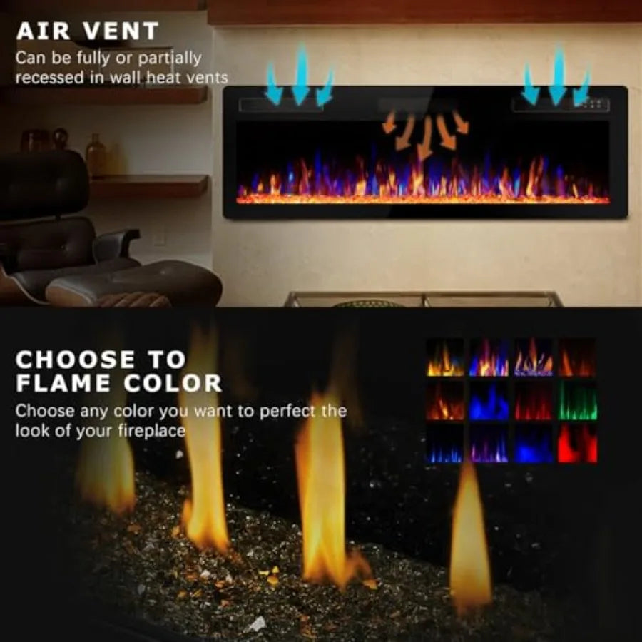 72 Inch Ultra Thin Electric Fireplace with Narrow Bezel for Living Room and Bedroom Linear Wall Mounted Heater with Remote and