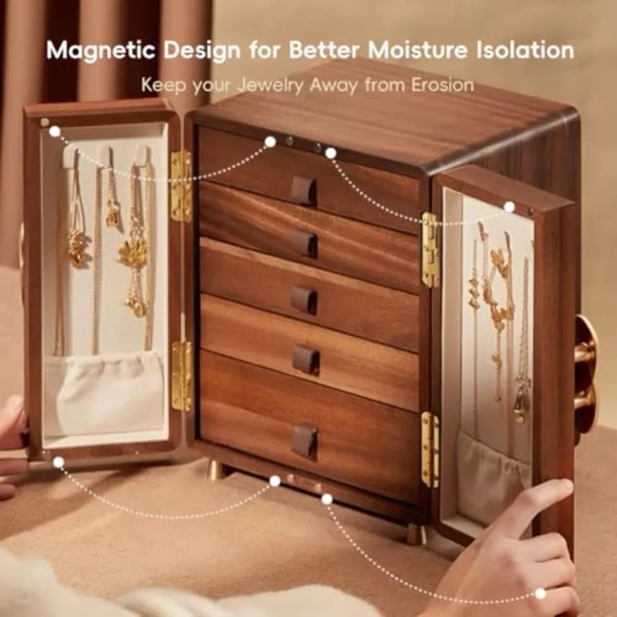 Wooden Jewelry Box 5 Layers Solid Wood Black Walnut Large Jewelry Organizer with Brass Handle for Necklaces Rings Earrings Watc