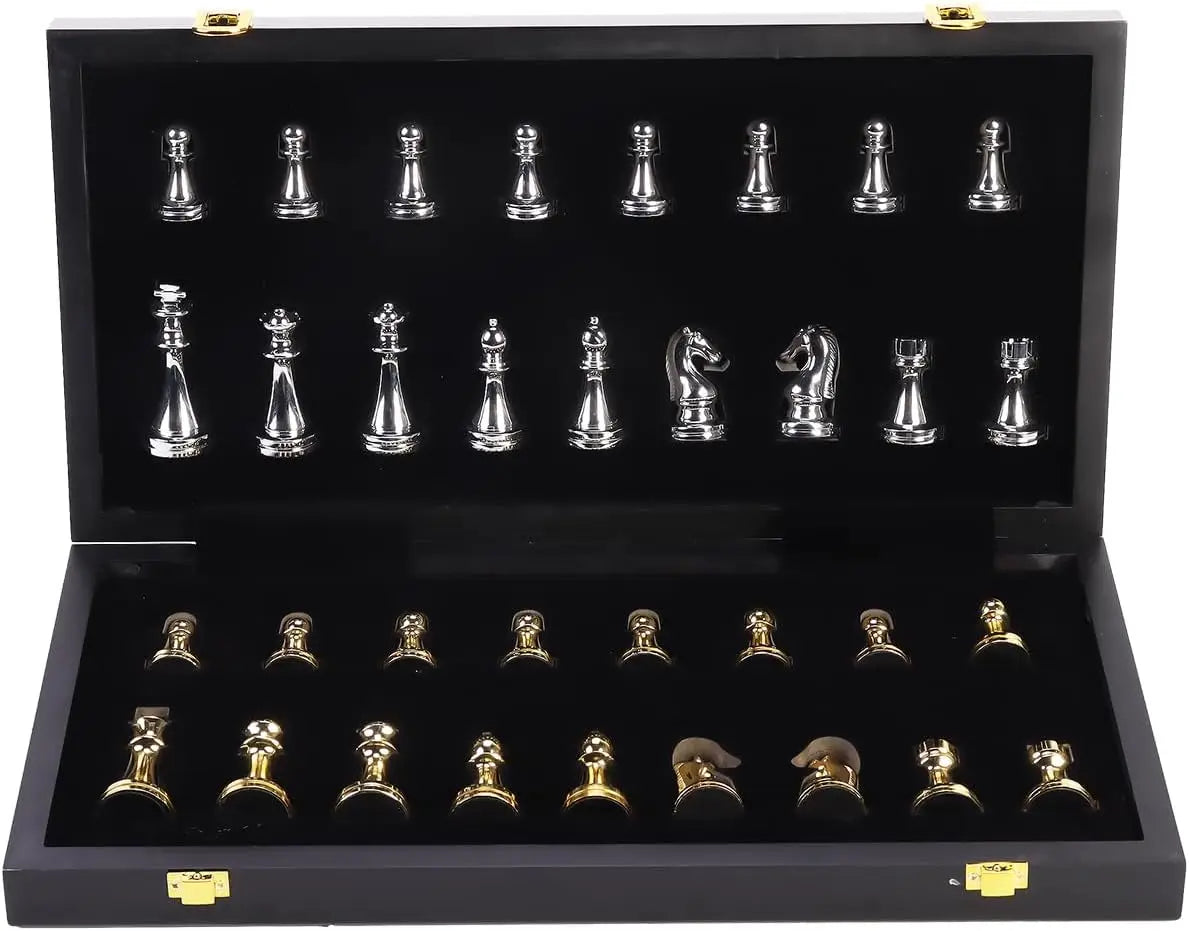 Large Metal Chess Set with Storage, 15' Marbled Board, 32 Zinc Alloy Pieces, 2 Extra Queens, Folding Portable Travel Game