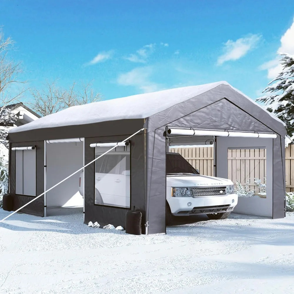 GARTOO Upgrade 12' x 20' Heavy Duty Carport - Extra Large Outdoor Shelter with Roll-up Ventilated Windows & Side Doors, Portable
