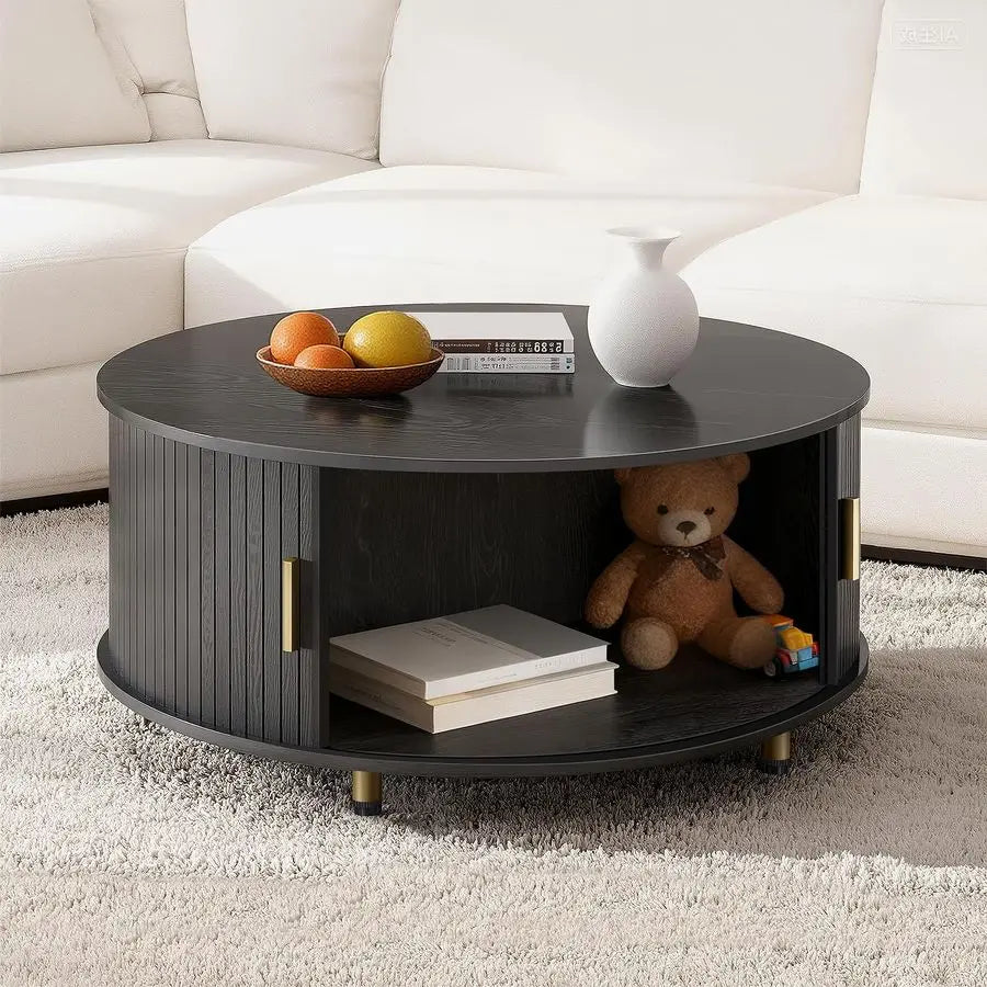 Round Coffee Table, 31.5 Mid Century Modern Coffee Table with 360 Sliding Tambour Door, Fluted Accent Coffee Table with Storage